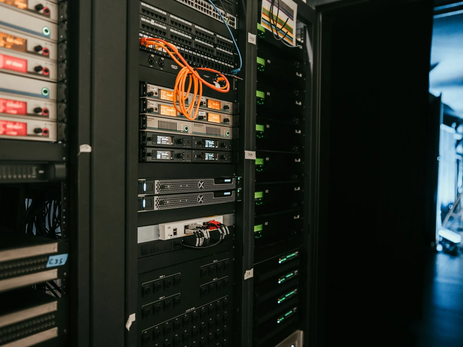 Illuminated server racks in a professional data center